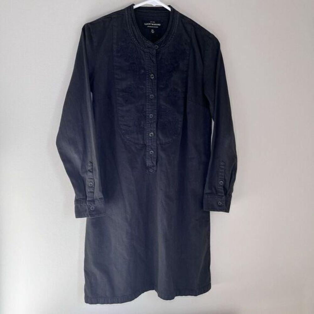 LUCKY BRAND Women's Black Denim Popover Dress Floral‎ Embroidery Sz XS $119